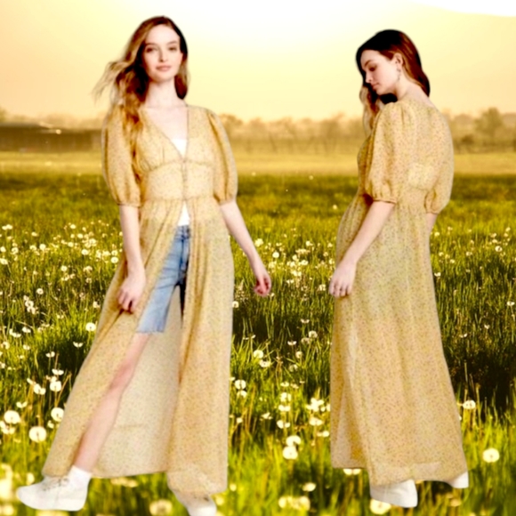 #R Womens Floral Button Front Duster Kimono Prairie Dress Large Yellow & Tan - Picture 5 of 6